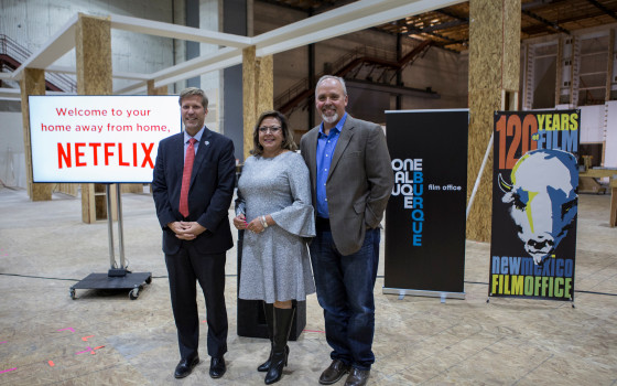 ALBUQUERQUE, NM - OCTOBER 08: Mayor of Albuquerque Tim Keller (left to right), Governor Susan Martinez of New Mexico and Ty Warren at ABQ Studios in Mesa Del Sol on October 8, 2018 in Albuquerque, New Mexico. (Photo by Adria Malcolm/Getty Images for Netflix)