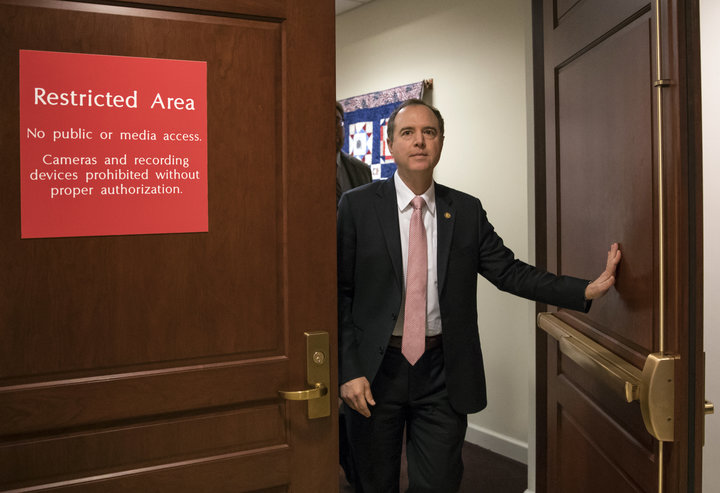 FILE - In this March 22, 2018 file photo, Rep. Adam Schiff, D-Calif., ranking member of the House Intelligence Committee, exits a secure area to speak to reporters, on Capitol Hill in Washington.  House Democrats are expected to re-open the investigation into Russian interference in the 2016 election if they win the majority in the November midterms, but they would have to be selective in what they investigate.  (AP Photo/J. Scott Applewhite)
