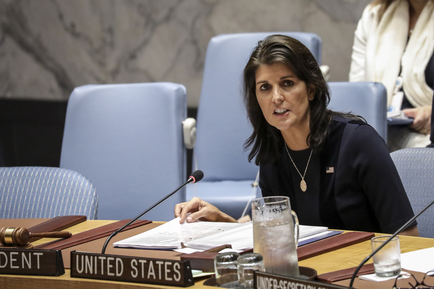 NEW YORK, NY - SEPTEMBER 17: U.S. Ambassador to the U.N. Nikki Haley chairs a meeting of the United Nations Security Council at UN headquarters, September 17, 2018 in New York City. The United States called a meeting of the Security Council to discuss what they call efforts by some members of the of the council to undermine and obstruct U.N. sanctions against North Korea. (Photo by Drew Angerer/Getty Images)