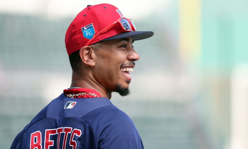 Feb 27, 2018; Fort Myers, FL, USA; Boston Red Sox outfielder Mookie Betts (50) smiles as he works out prior to the game at JetBlue Park. Mandatory Credit: Kim Klement-USA TODAY Sports ORG XMIT: USATSI-377897 ORIG FILE ID:  20180227_ads_sv7_072.JPG