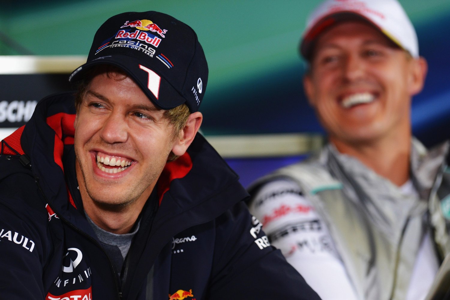 HOCKENHEIM, GERMANY - JULY 19:  (L-R) Sebastian Vettel of Germany and Red Bull Racing and Michael Schumacher of Germany and Mercedes GP attend the drivers press conference during previews to the German Grand Prix at Hockenheimring on July 19, 2012 in Hockenheim, Germany.  (Photo by Lars Baron/Getty Images) *** Local Caption *** Sebastian Vettel; Michael Schumacher