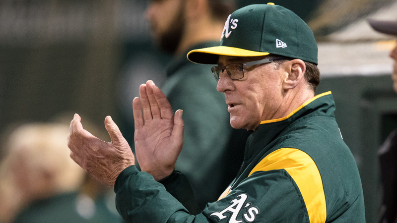 Jul 31, 2018; Oakland, CA, USA; Oakland Athletics manager Bob Melvin (6) reacts in the fifth inning against the Toronto Blue Jays at Oakland Coliseum. Mandatory Credit: John Hefti-USA TODAY Sports
