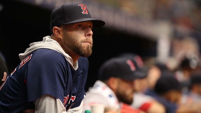 Mar 29, 2018; St. Petersburg, FL, USA; Boston Red Sox second baseman Dustin Pedroia (15) looks on from the dugout against the Tampa Bay Rays at Tropicana Field. Mandatory Credit: Kim Klement-USA TODAY Sports