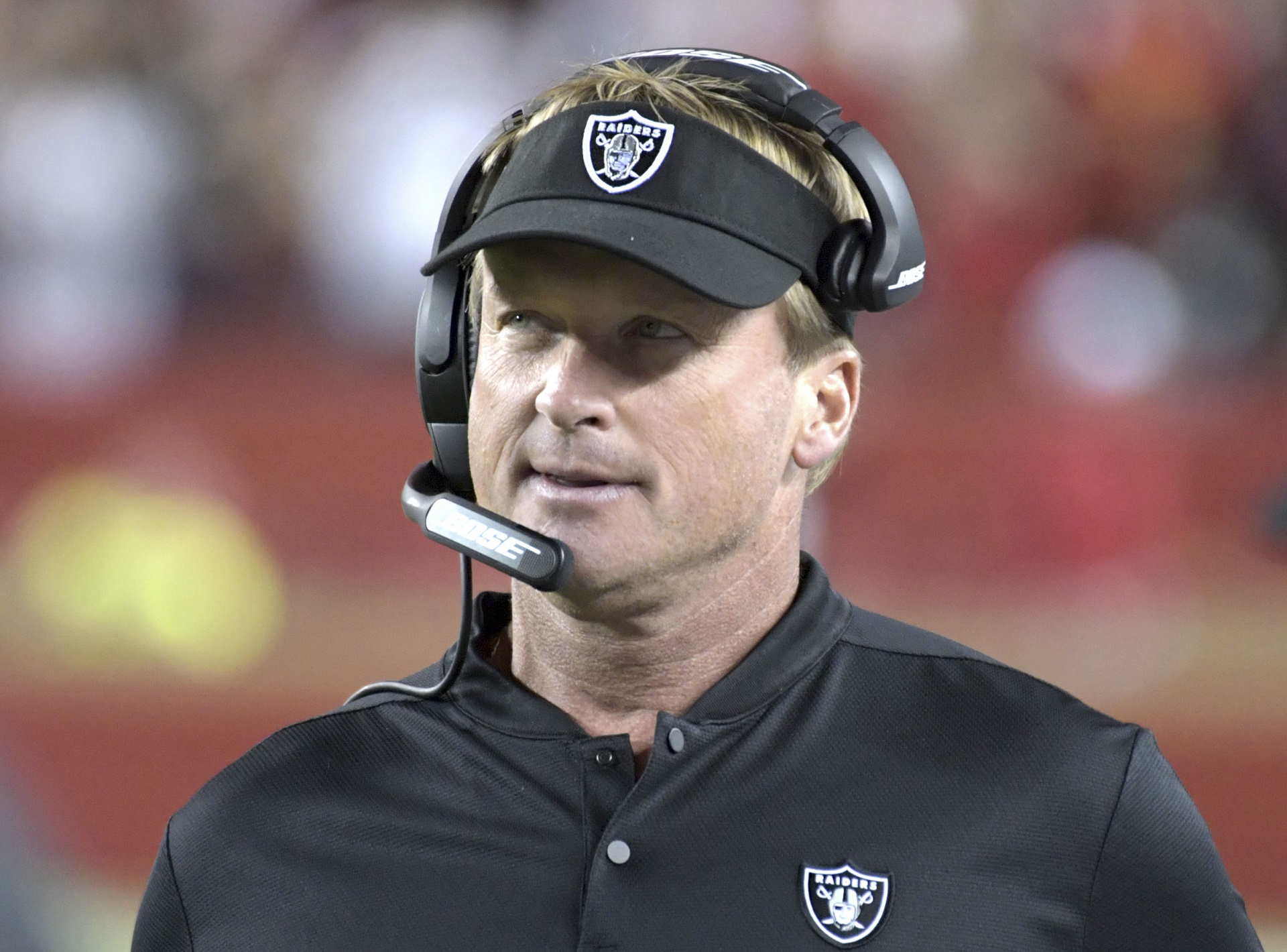 Nov 1, 2018; Santa Clara, CA, USA; Oakland Raiders head coach Jon Gruden reacts during the game against the San Francisco 49ers at Levi's Stadium. The 49ers defeated the Raiders 34-3. Mandatory Credit: Kirby Lee-USA TODAY Sports