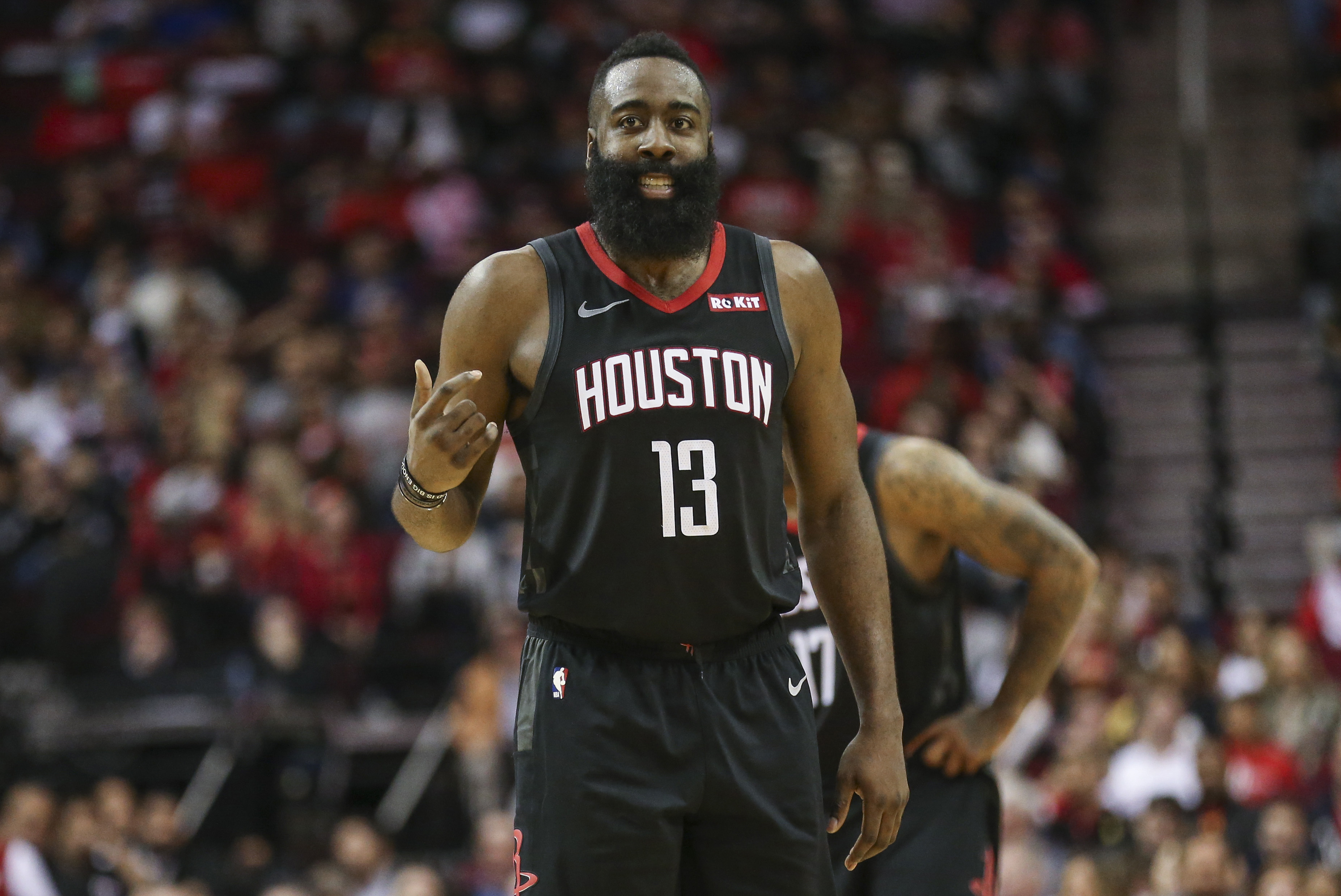 Dec 17, 2018; Houston, TX, USA; Houston Rockets guard James Harden (13) reacts after a play during the third quarter against the Utah Jazz at Toyota Center. Mandatory Credit: Troy Taormina-USA TODAY Sports