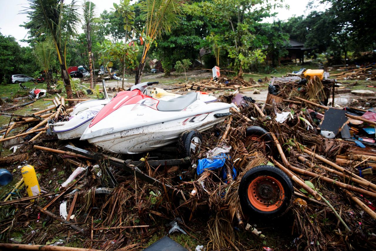 Debris are seen after a tsunami hit Tanjung Lesung beach in Banten, Indonesia, December 23, 2018 in this photo taken by Antara Foto.  Antara Foto/Akbar Nugroho Gumay/ via REUTERS