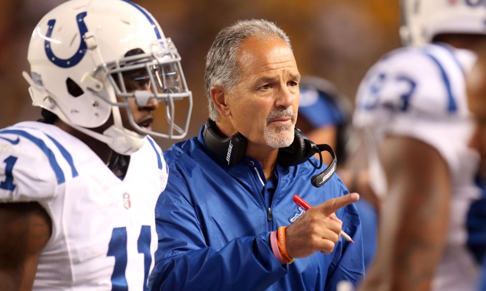 Aug 26, 2017; Pittsburgh, PA, USA;  Indianapolis Colts head coach Chuck Pagano (middle) gestures on the sidelines against the Pittsburgh Steelers during the second quarter at Heinz Field. Mandatory Credit: Charles LeClaire-USA TODAY Sports