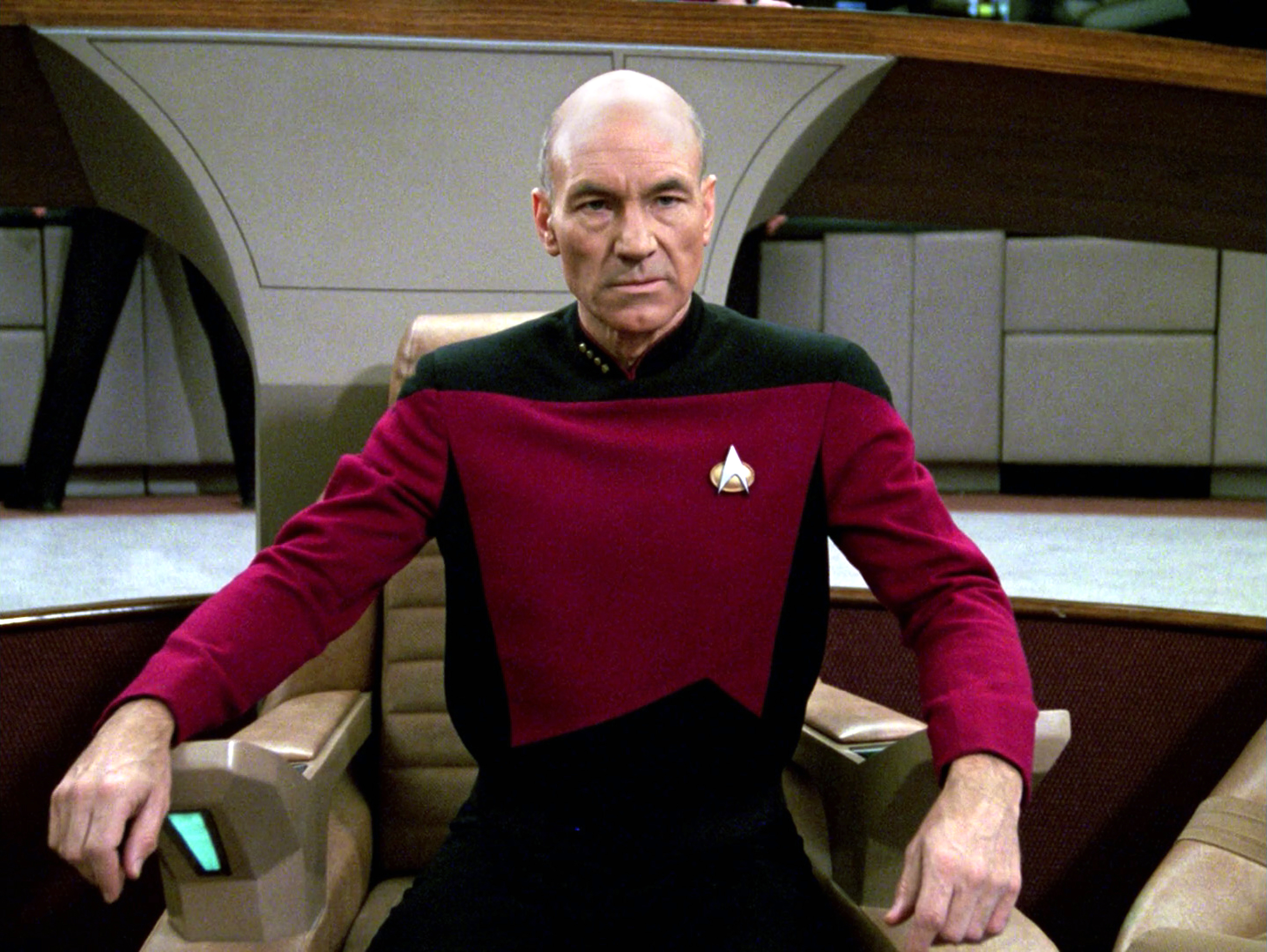 Patrick Stewart as Captain Jean-Luc Picard in the STAR TREK: THE NEXT GENERATION episode, "The Hunted." Season 3, episode 11. Original air date, January 8, 1990. Image is a screen grab. Copyright © 1990 CBS Broadcasting Inc. All Rights Reserved. Credit: CBS Photo Archive.