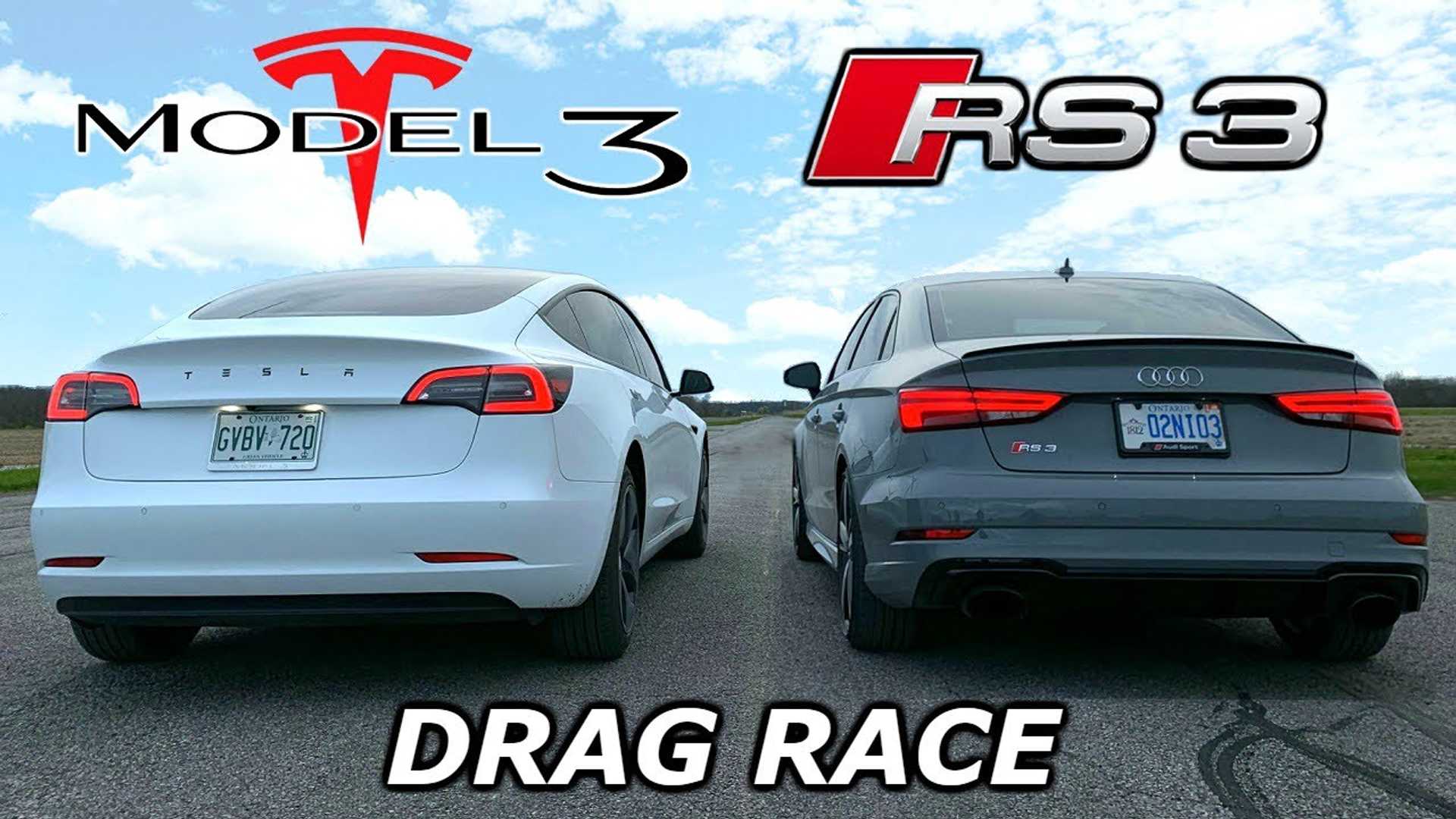 Tesla Model 3 BMW M3 Audi RS4 Avant drag racing