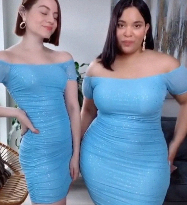 two models in icy blue dress