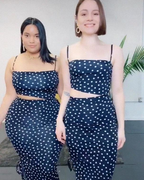 two models in polka dots cut dress