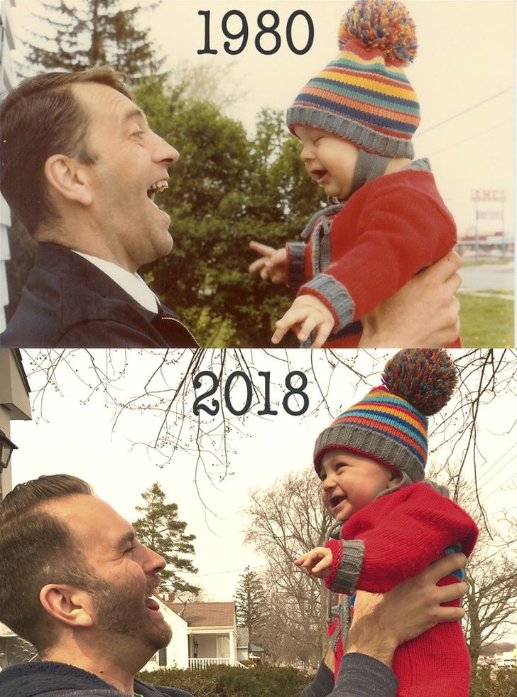 My father and me in 1980, and my son and me in 2018