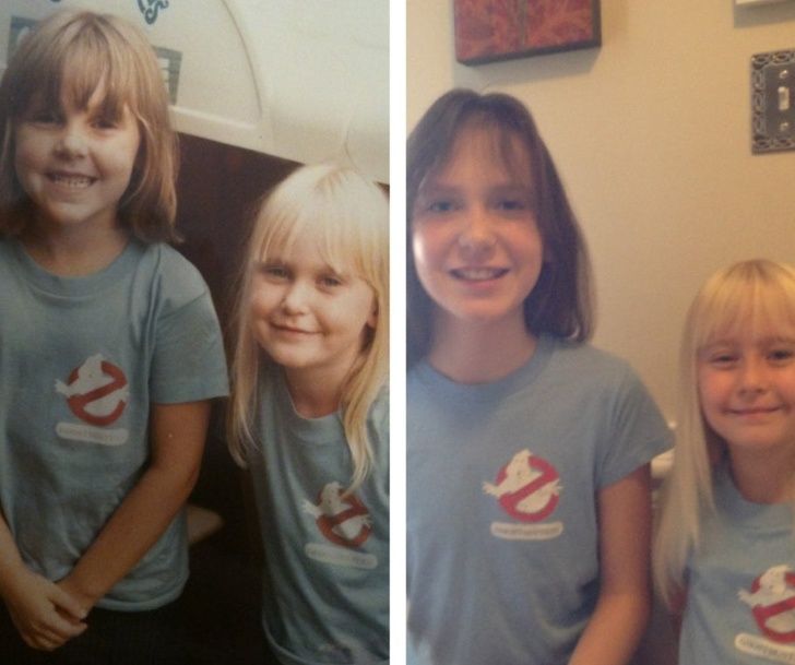 My sister and me in 1984 vs my daughters now