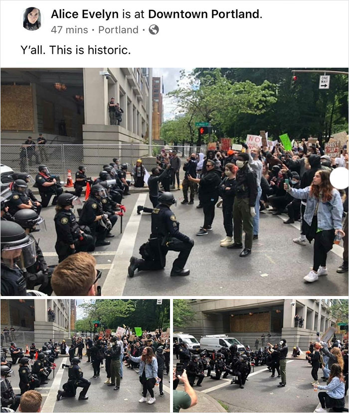 Police In Downtown Portland Are Kneeling In Front Of Protesters