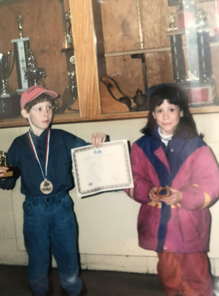 Here’s My Brother With His Hockey Trophy And Medal, And Then There’s Me. Proudly Showing Off My Onion Ring