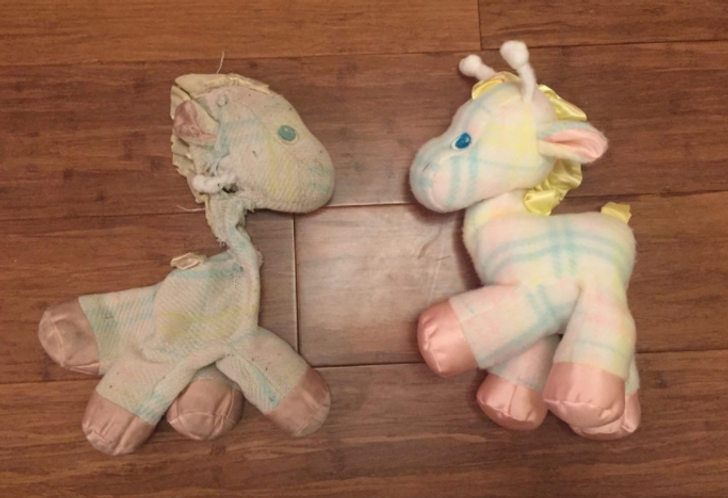 On the left, is a toy giraffe that I got 29 years ago. On the right, is the identical giraffe that my son has
