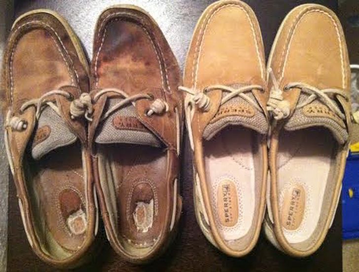 Shoes that have been worn every day for 8 years, beside a new identical pair
