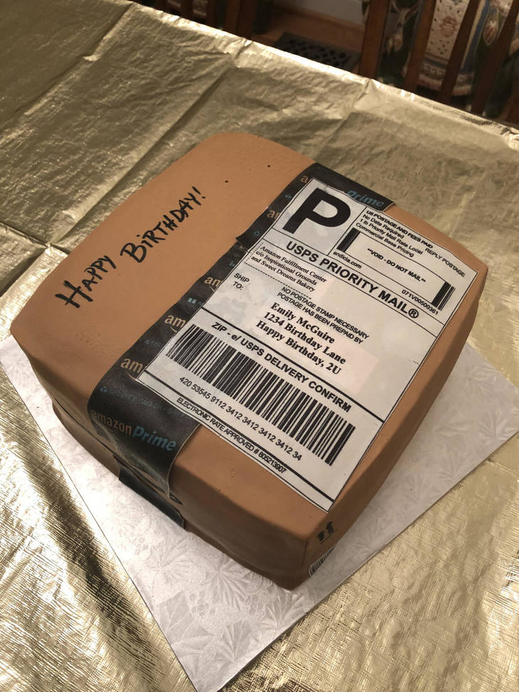 The custom creation completely resembled her weekly orders. It had a personalized shipping label and Amazon Prime tape.