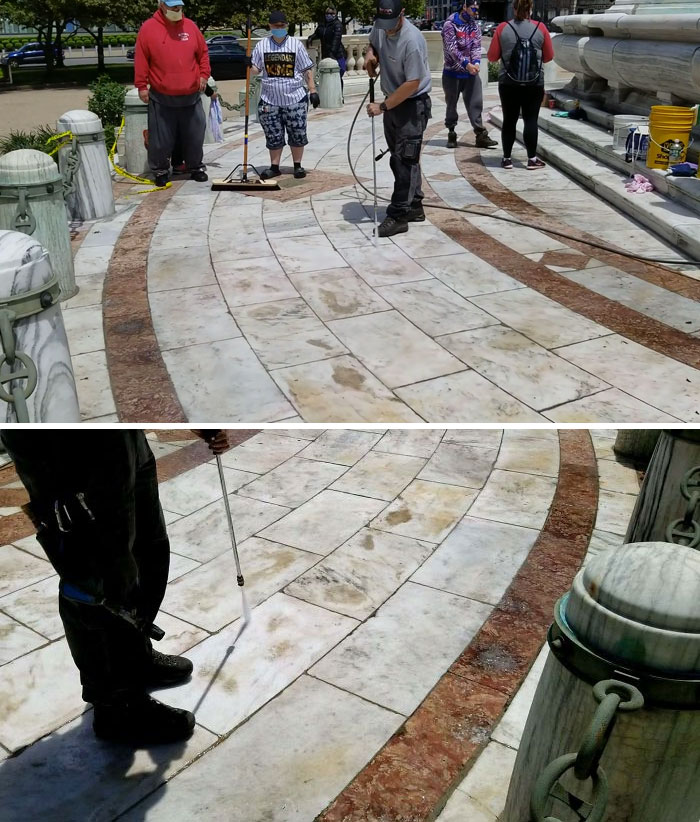 Protesters Spray Painted All Over This Monument Last Night. We Were All Trying To Scrub It Off When This Guy Showed Up With A Powerwasher.