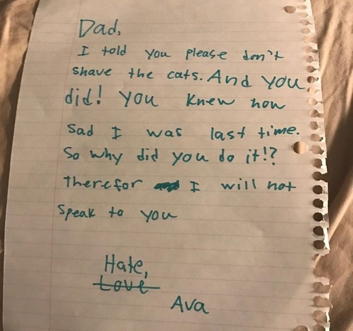 Hilarious notes: Furious Ava writes a hate note to her father for shaving the cats