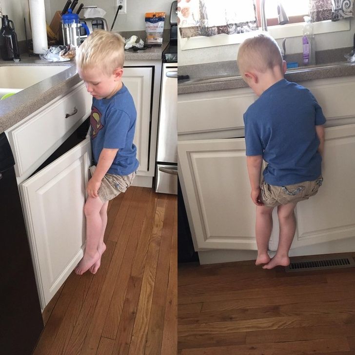 Hilarious kids: This is how my son hangs on the cupboard to wash his hands.