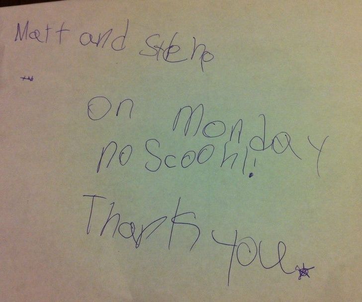 Hilarious notes: My 5-year-old brought this note to me from her Kindergarten teacher