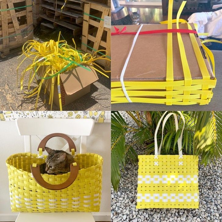 Transforming Old Objects: We know use always threw these plastic shipping bale/straps. But, this fashionable basket shows that old objects can always be reused!