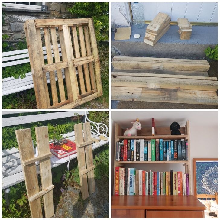 A broken pallet upcycled into a bookcase