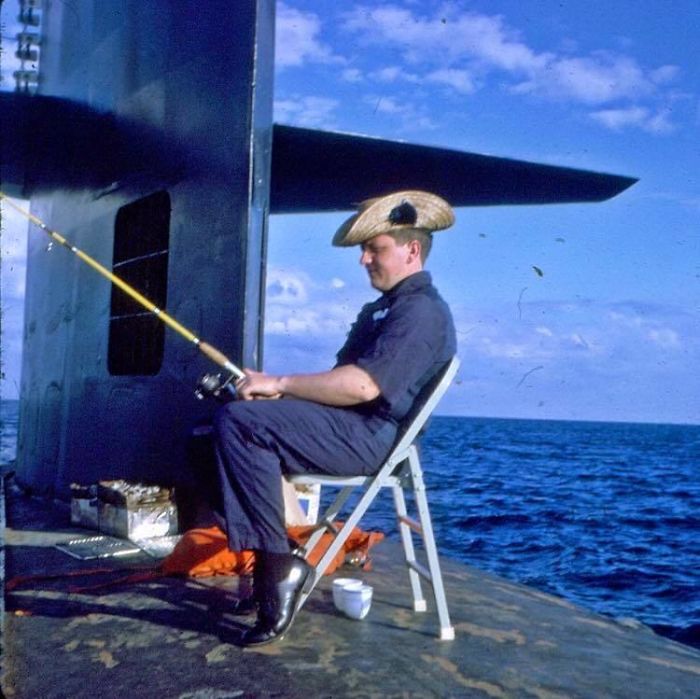 My dad fishing on a Nuclear Submarine
