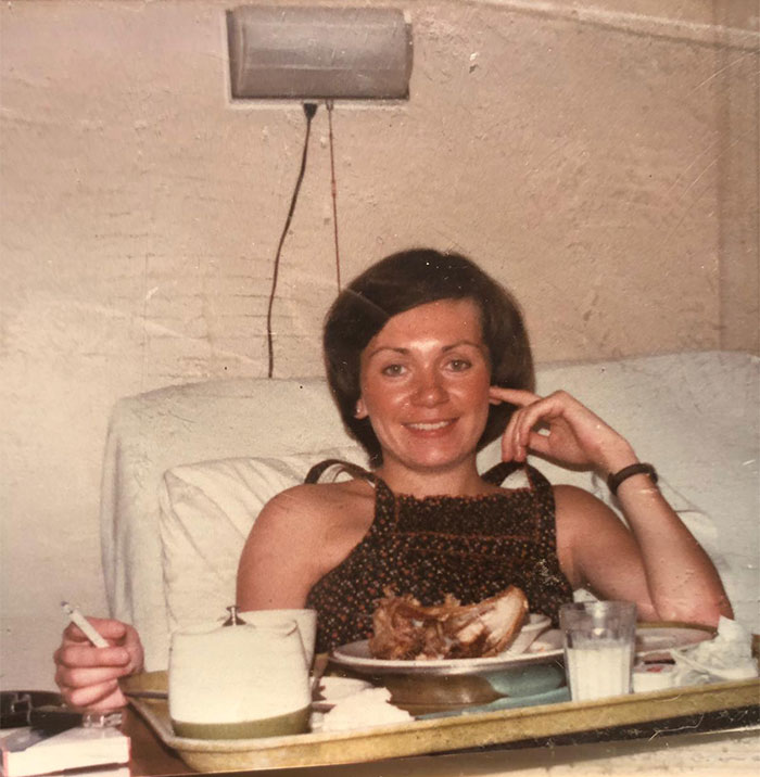 My mom having smokes and roasted chicken after delivering my sister
