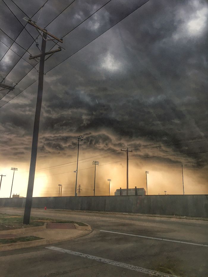 A lightning shot taken from the windshield of the car