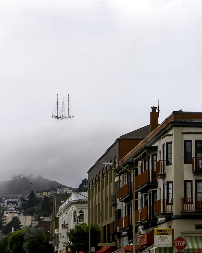 Incredible Photos: This is Sutro Tower, San Francisco. But, one of the incredible photos of the tower makes it look like a Dutchman's Floating Ship