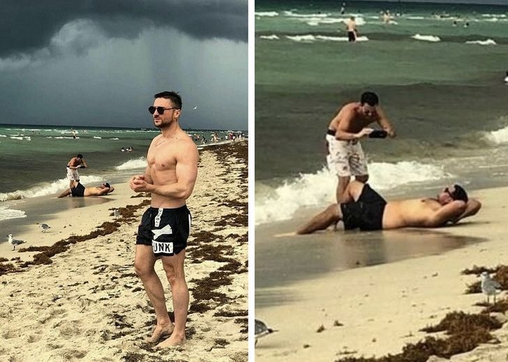 The two guys in the background surely photobombed this man's beach pics