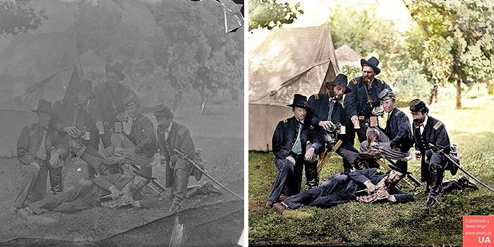 Photographer restores pictures:Westover Landing, Virginia. Officers Of 3rd And 4th Pennsylvania Cavalry Illustrating The Hardships Of War. 1862