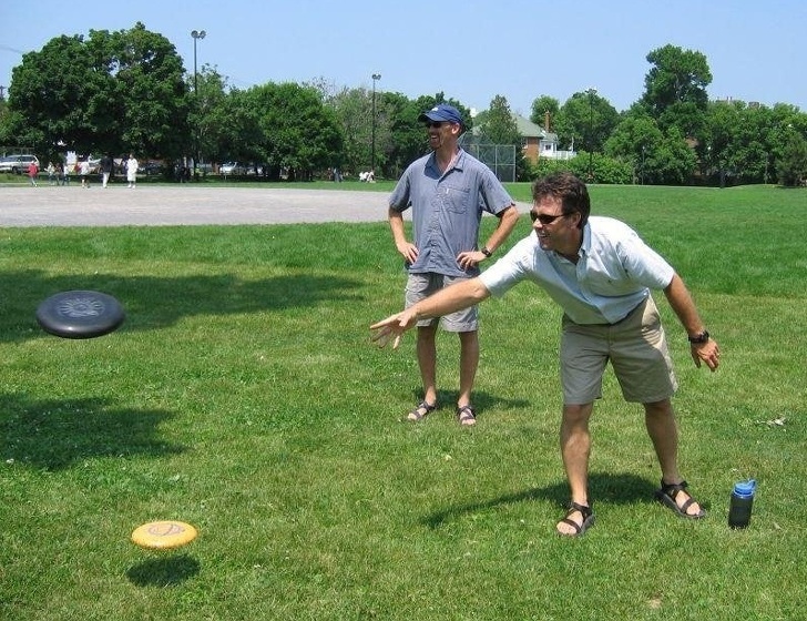 Look at the flying frisbee- Haha! It's lying on the ground