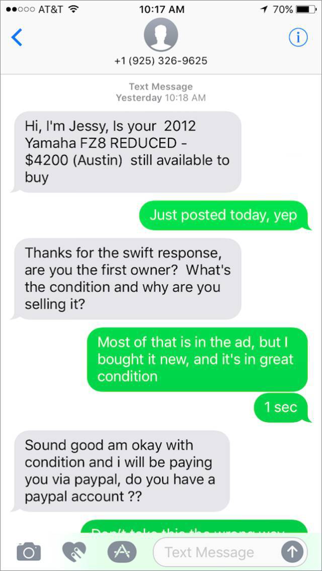 The scammer began the convo with his desire to buy a product
