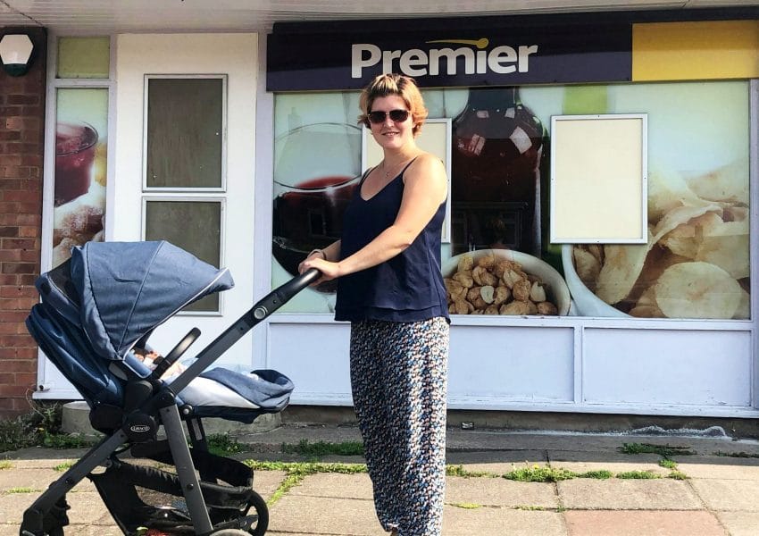 Mandy and her 7-month-old son at the post office