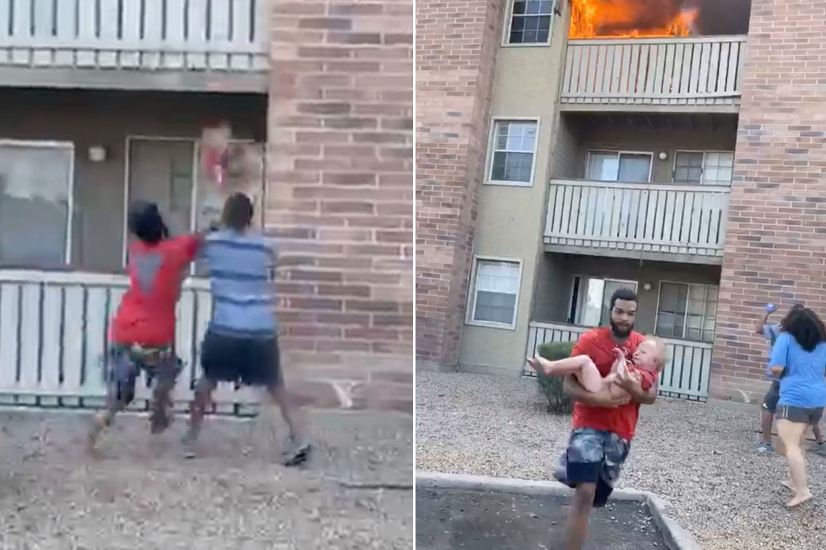 Ex footballer catches toddler thrown from a burning balcony