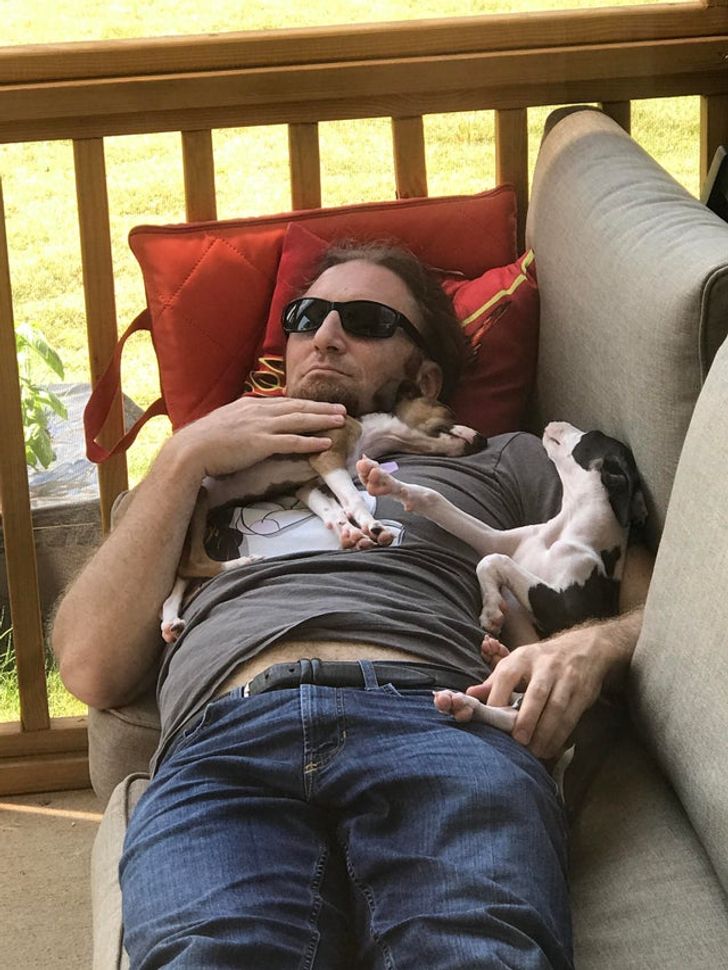 Here’s my husband sleeping with the puppies he never wanted