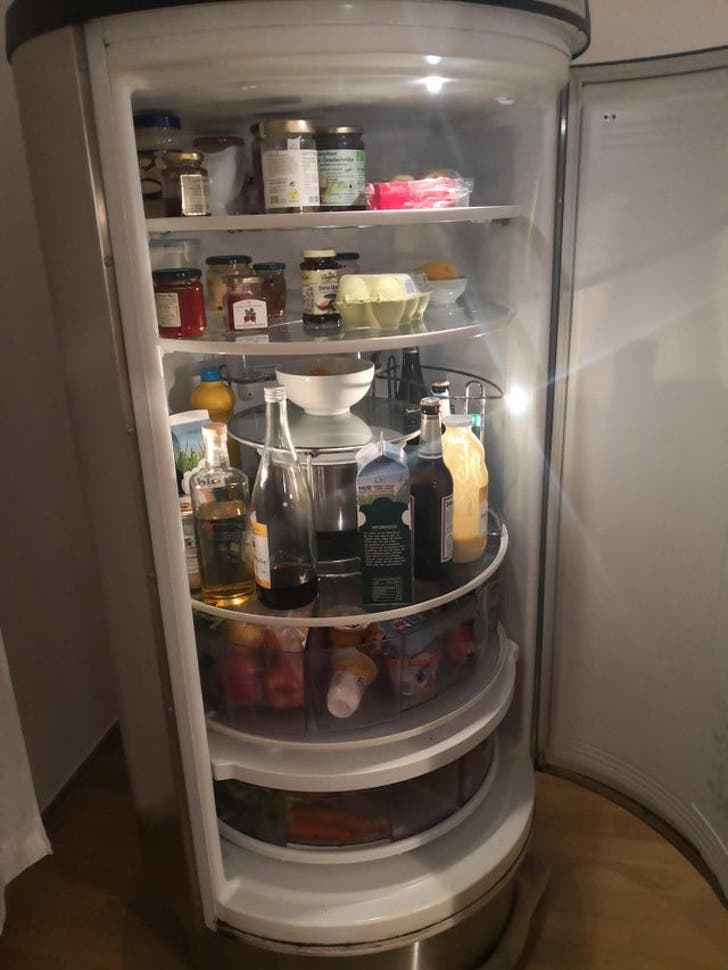 A fridge with revolving shelves
