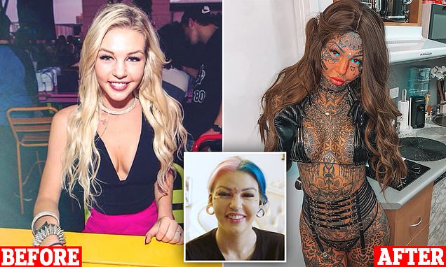 'Dragon girl', 25, who spent $120k on drastic body modifications covers up her tattoos to remind herself what she looks like underneath the ink - before breaking down as she reveals why she hated her old self