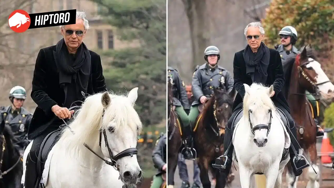 Andrea Bocelli, blind opera legend, seen riding a horse through New York city's famous Central Park