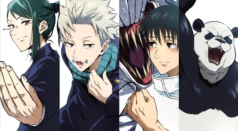 Yuta Okkotsu, Maki Zenin, Toge Inumaki, and Panda