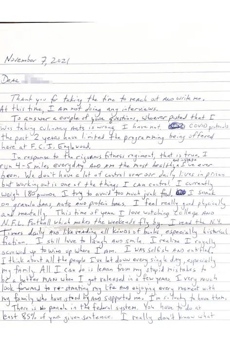 Jared Fogle letter