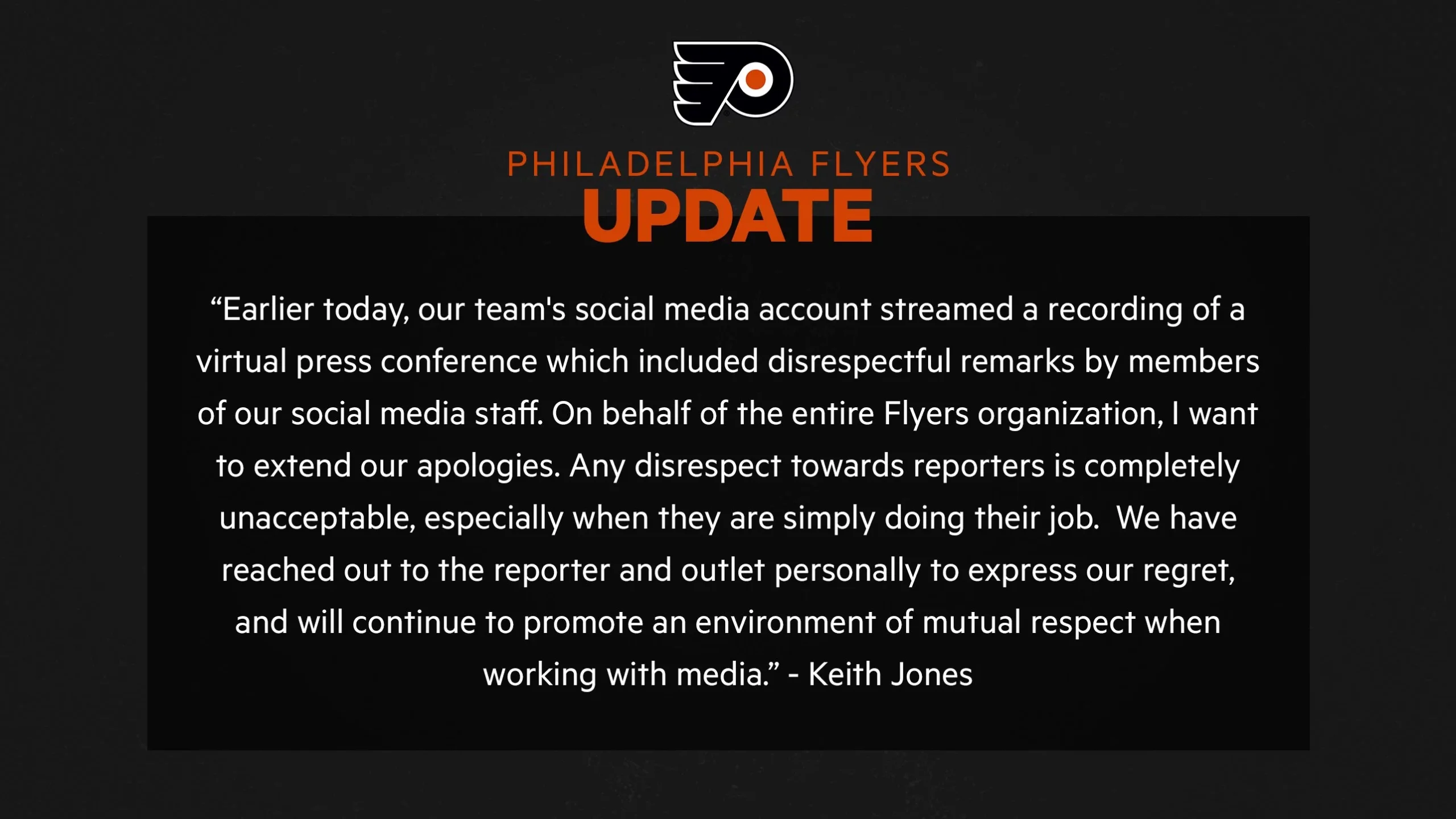 Philadelphia Flyers apology